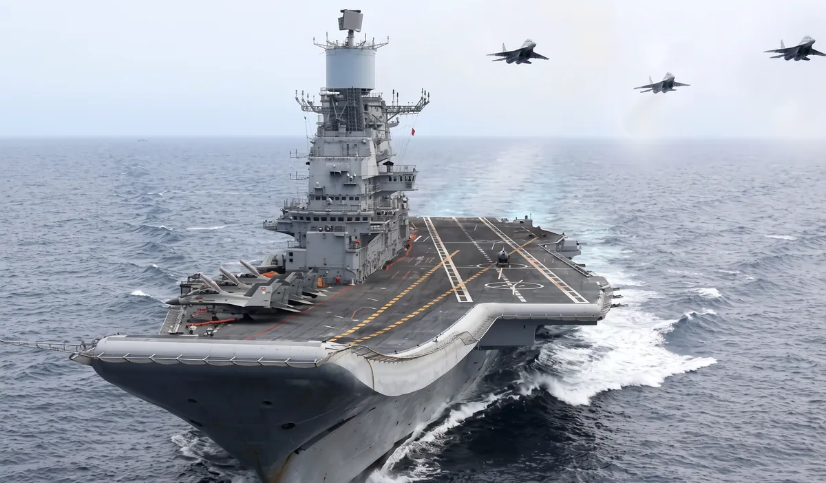 Aircraft carrier at sea with fighter aircraft flying overhead