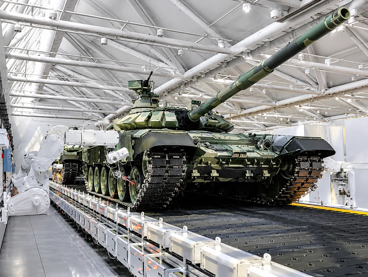 Main battle tank on a transport line inside a maintenance facility