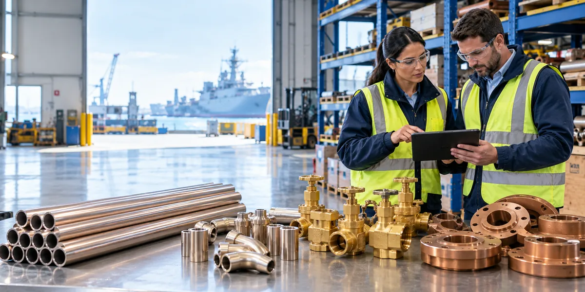 Team inspecting copper pipes, brass fittings and flanges in a port warehouse