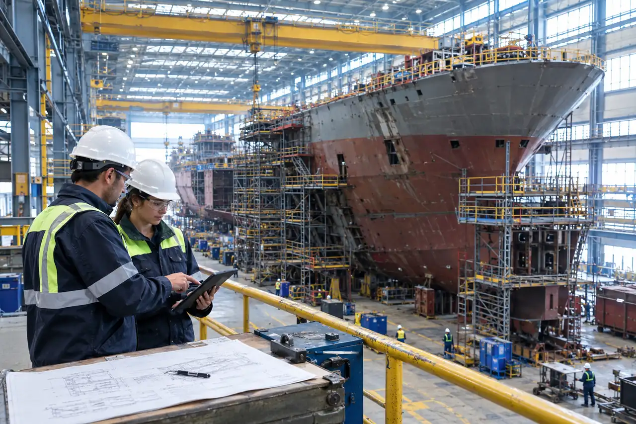 Engineers reviewing drawings beside a warship under construction - Innovize Solutions LLC