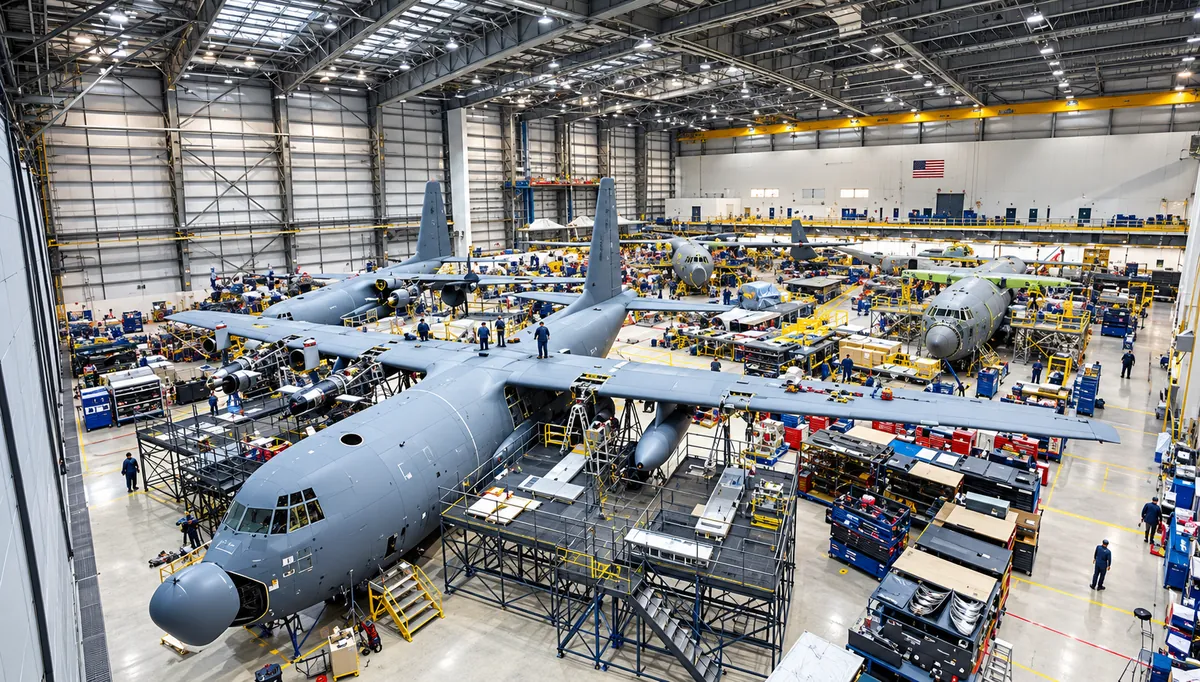 Military transport aircraft undergoing maintenance in a large aerospace hangar