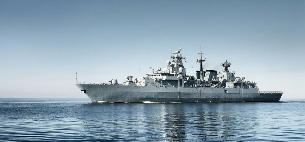 Grey naval surface combatant underway on calm water