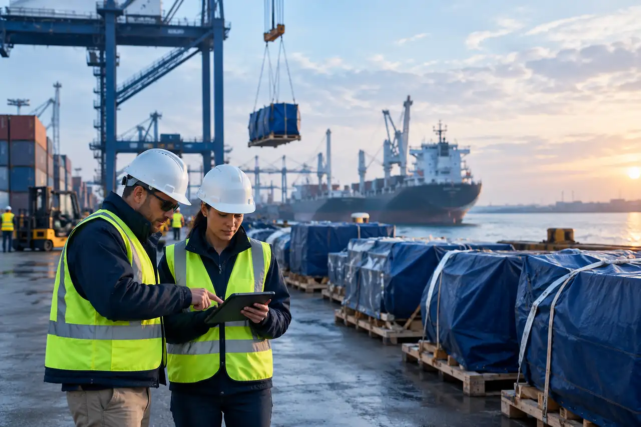 Port logistics team reviewing cargo at sunrise - request a defense RFQ from Innovize Solutions