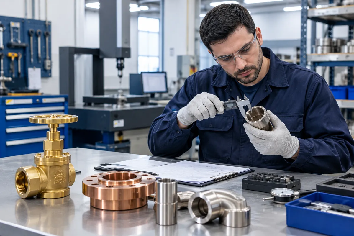 Technician inspecting machined brass and copper components with calipers at a precision workshop bench