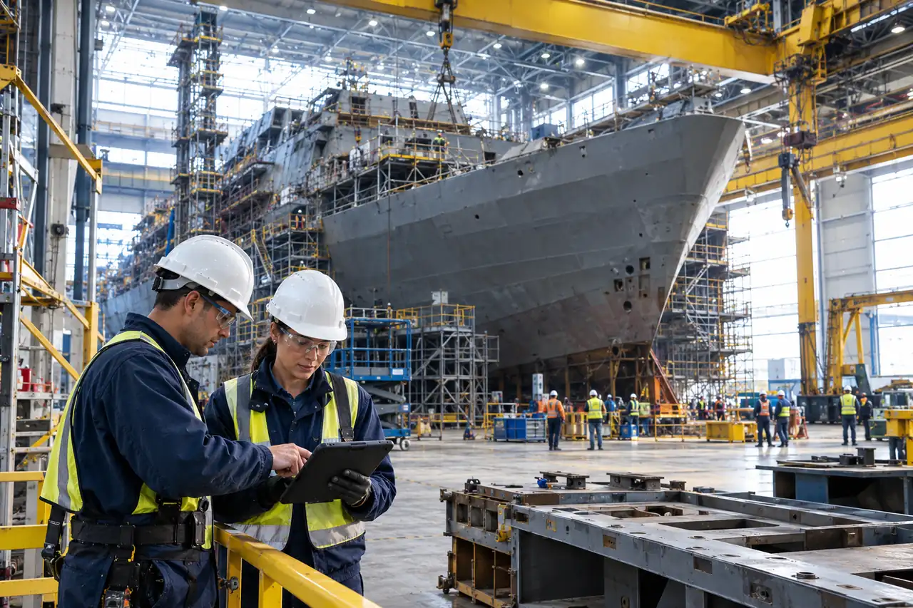 Shipyard engineers inspecting a warship hull - Innovize Solutions Navy-focused defense supplier