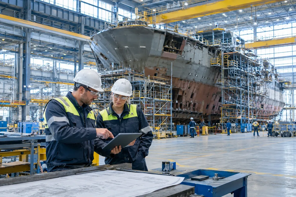 Shipyard team with a tablet and blueprints in front of a warship hull under construction