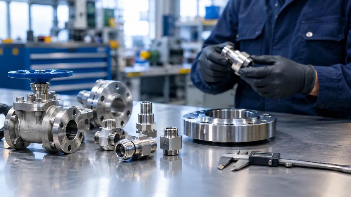Stainless steel valves, fittings and flange laid out for measurement on a metrology bench