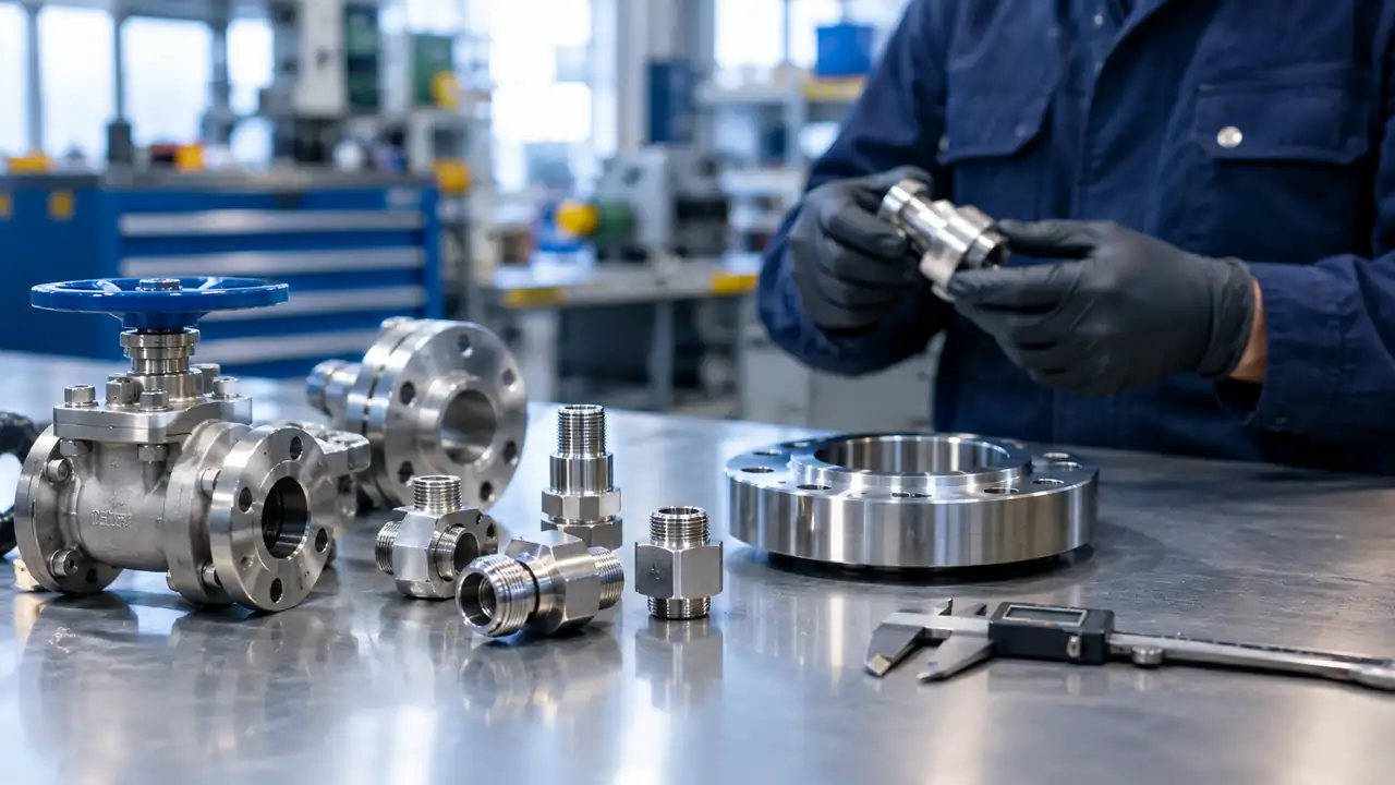 Stainless steel valves, fittings and flange on a metrology bench - metal supply capabilities