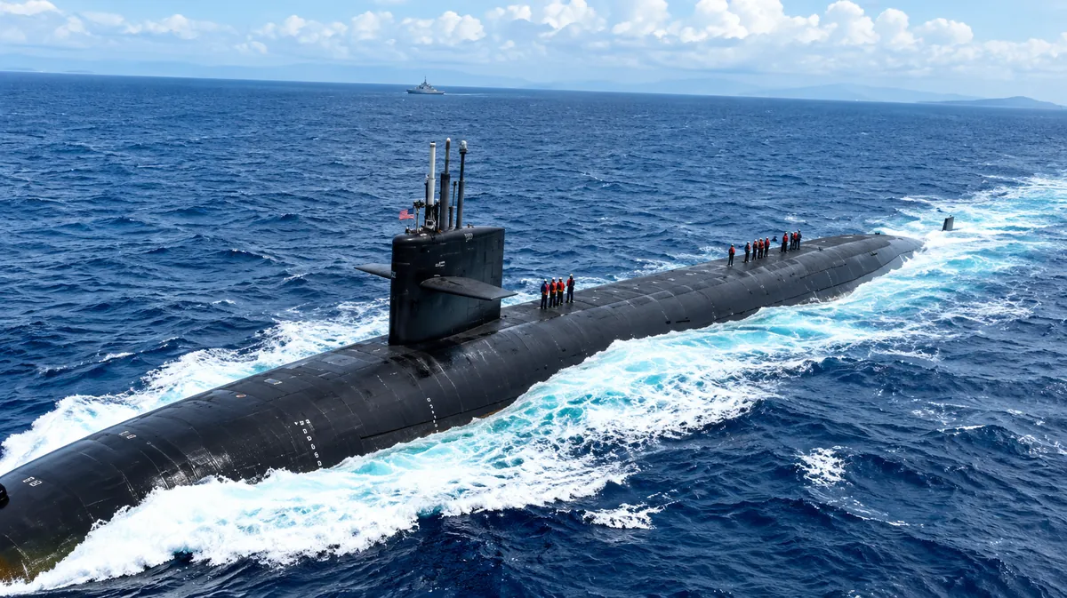 Submarine surfaced and cutting through ocean waves