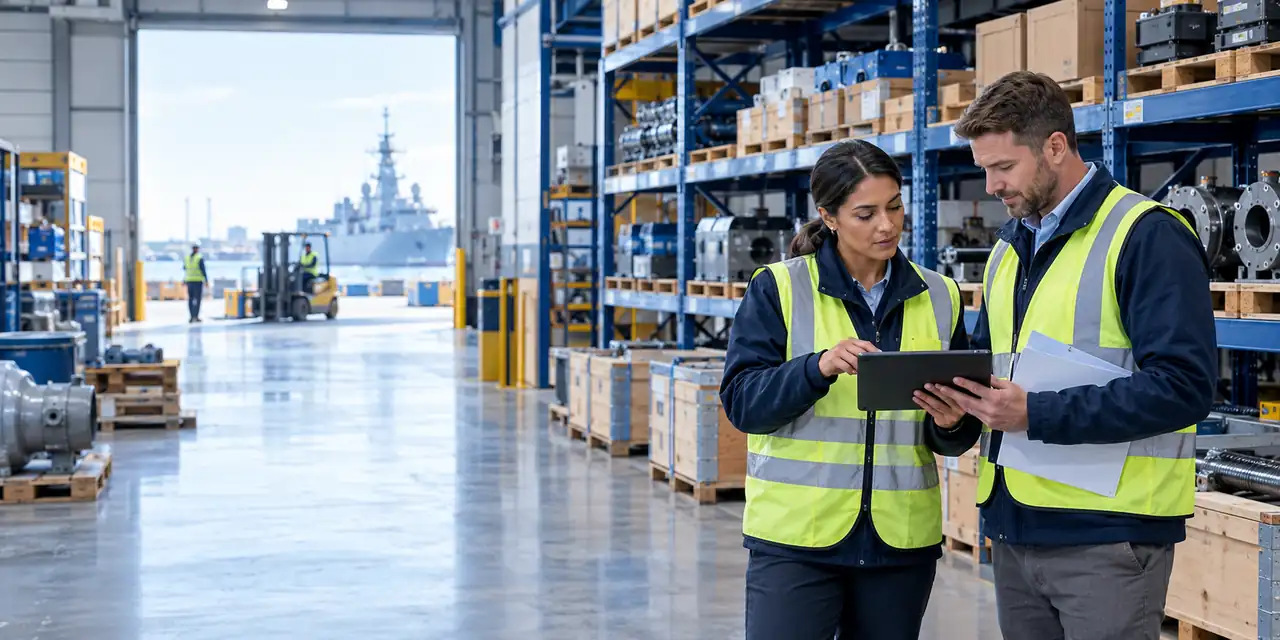 Logistics team reviewing inventory in a warehouse overlooking a naval port - defense procurement and RFQ support